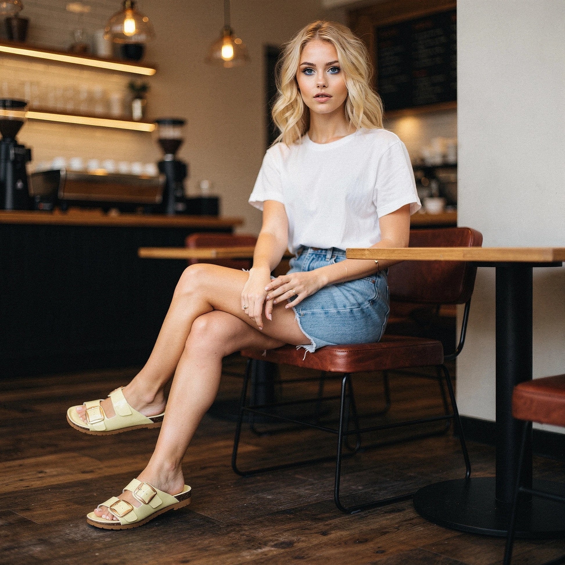 View of chic adjustable summer sandals in soft beige leather with a stylish buckle and comfortable cushioned footbed