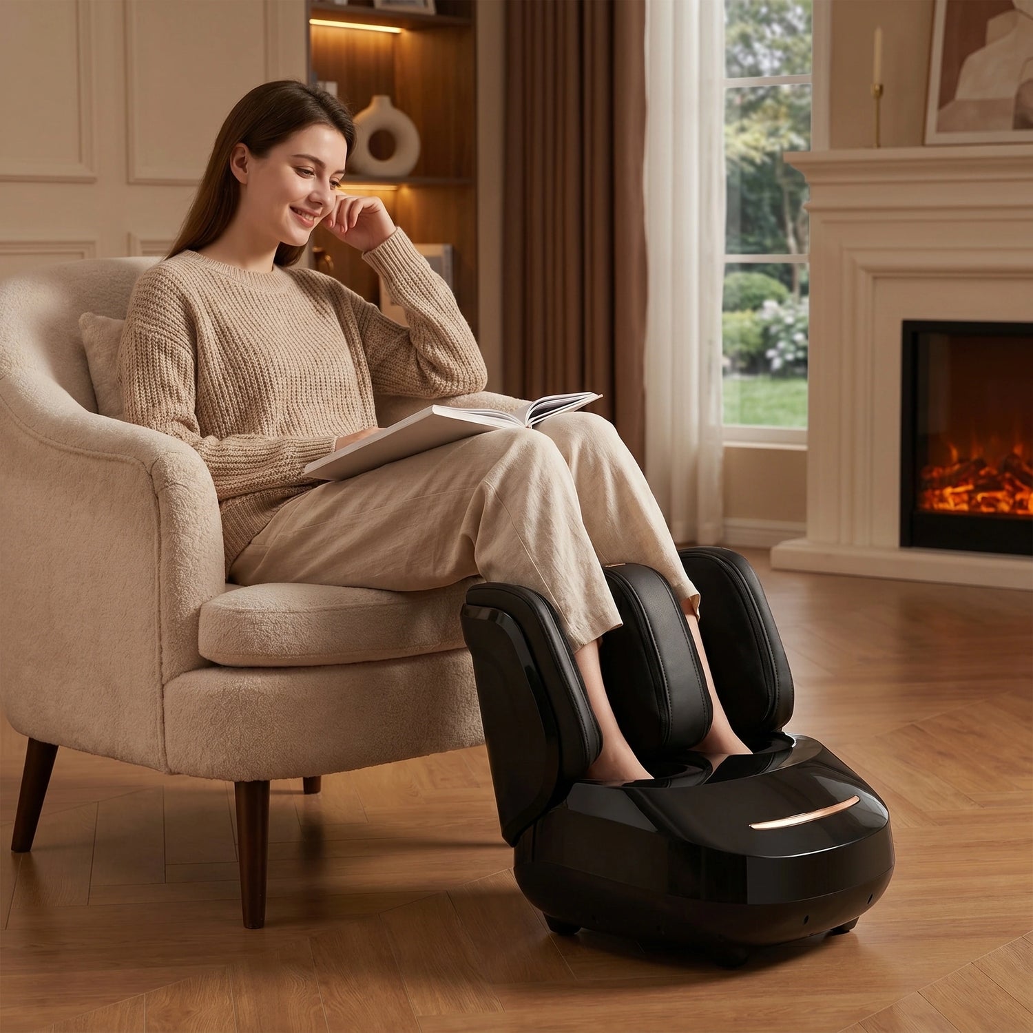 A model showcases the ZephyrNest Soothing Heated Electric Foot Massager, showing a sleek design and cozy fabric in a serene living room setting.