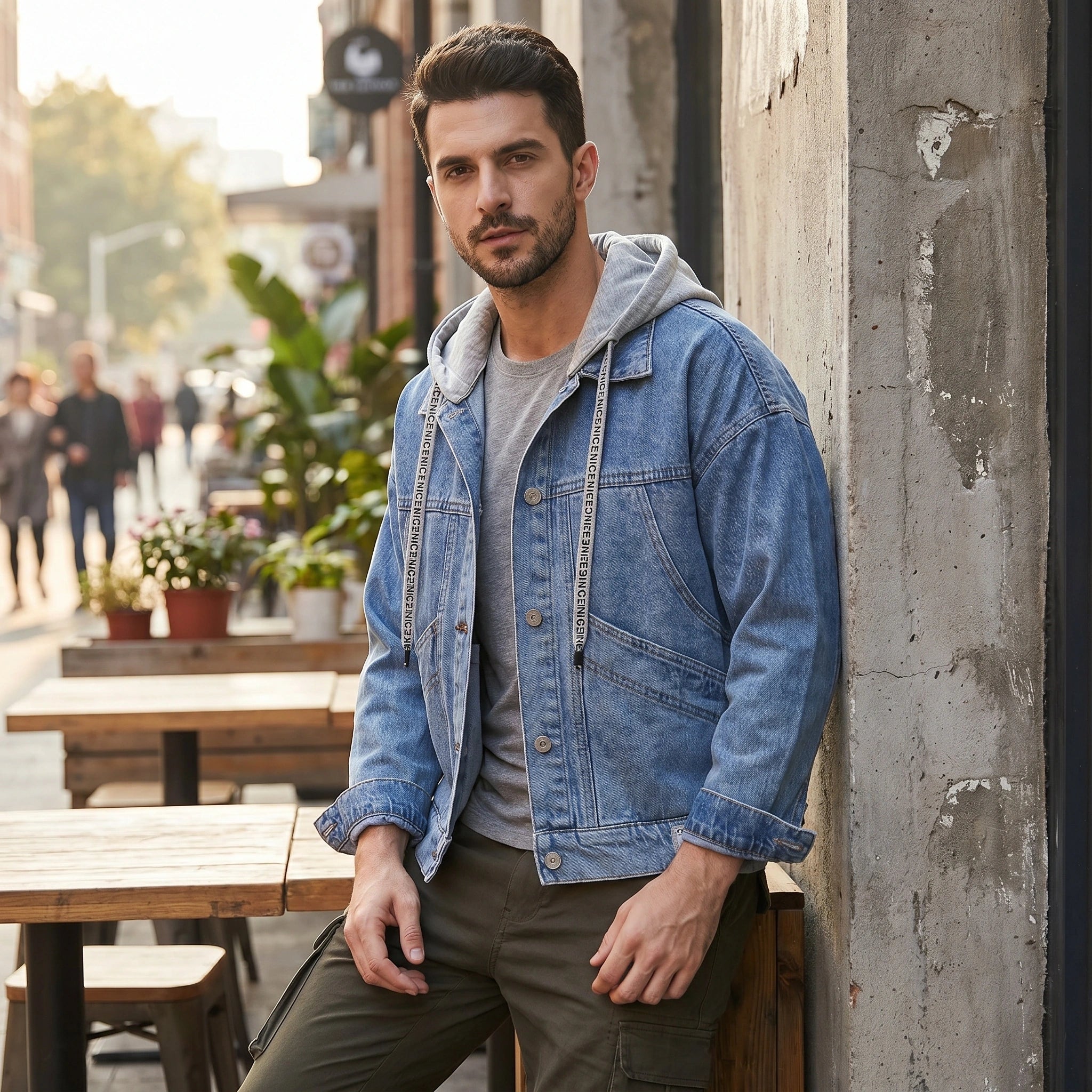A model showcases a men's casual relaxed denim jacket in a light wash, paired with accessories against a neutral background.