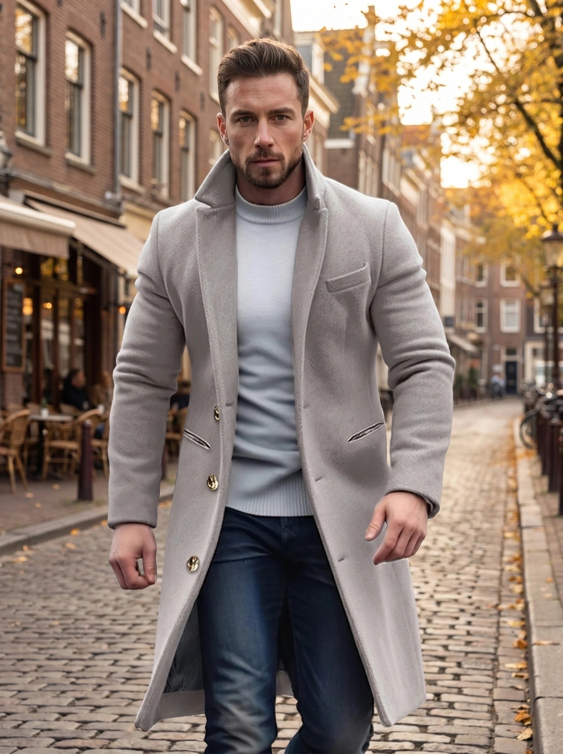 Front view of a model showing a men's tailored wool blend pea coat in navy, styled with high waisted trousers against a neutral background.