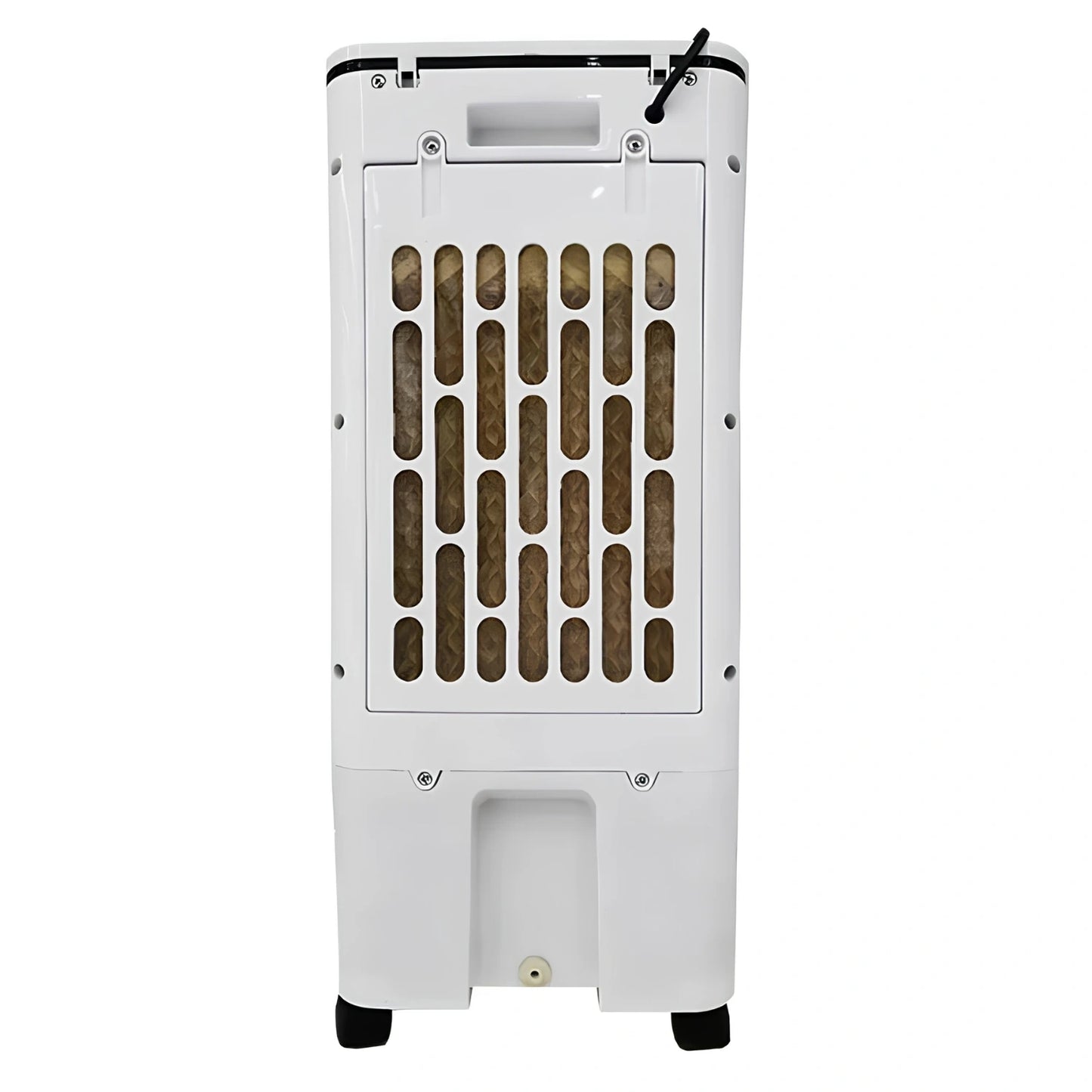 The view of a compact air cooler showcasing its sleek design, ventilation grilles, and easy carry handle for portability