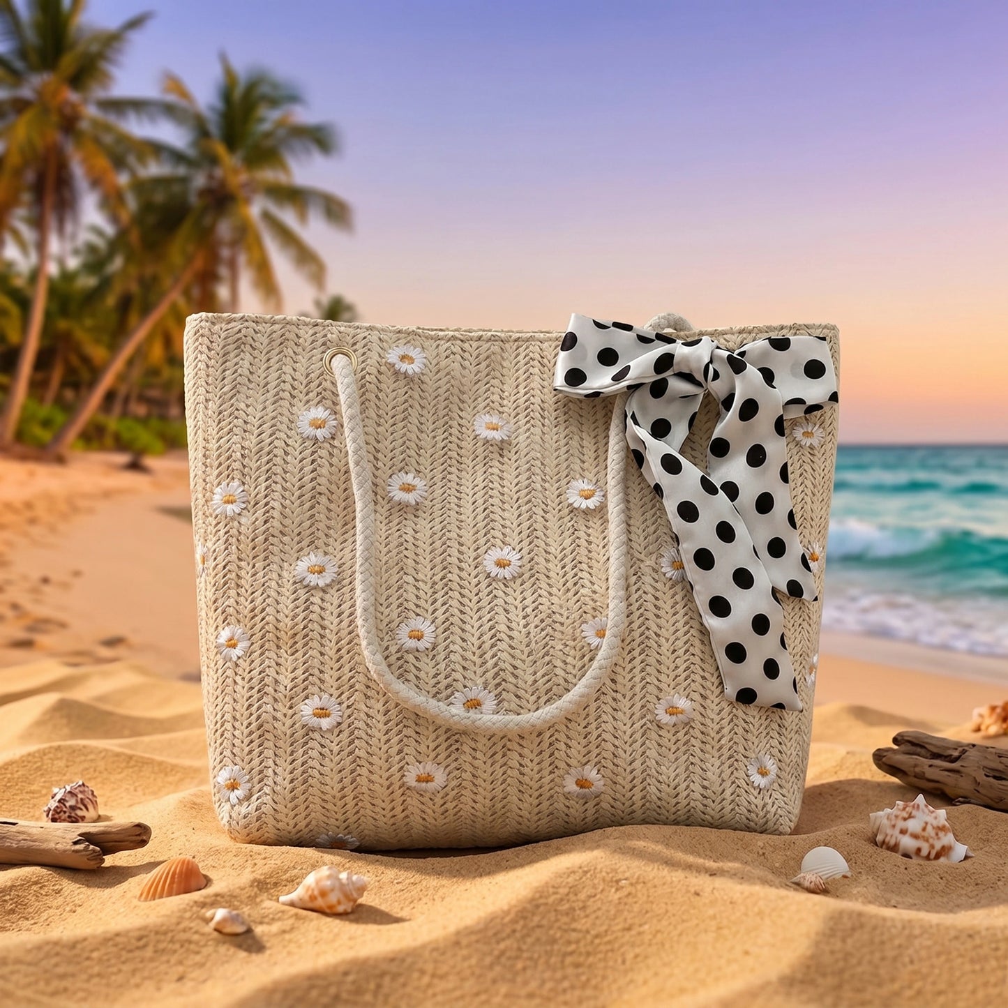 WovenWhimsy Vibrant Floral Straw Shoulder Bag Beach