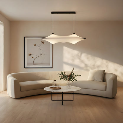 Back view of the Sleek Modern Iron Pendant Light Fixture showing its minimalist design, showing the fluid silhouette and construction details against a white background.