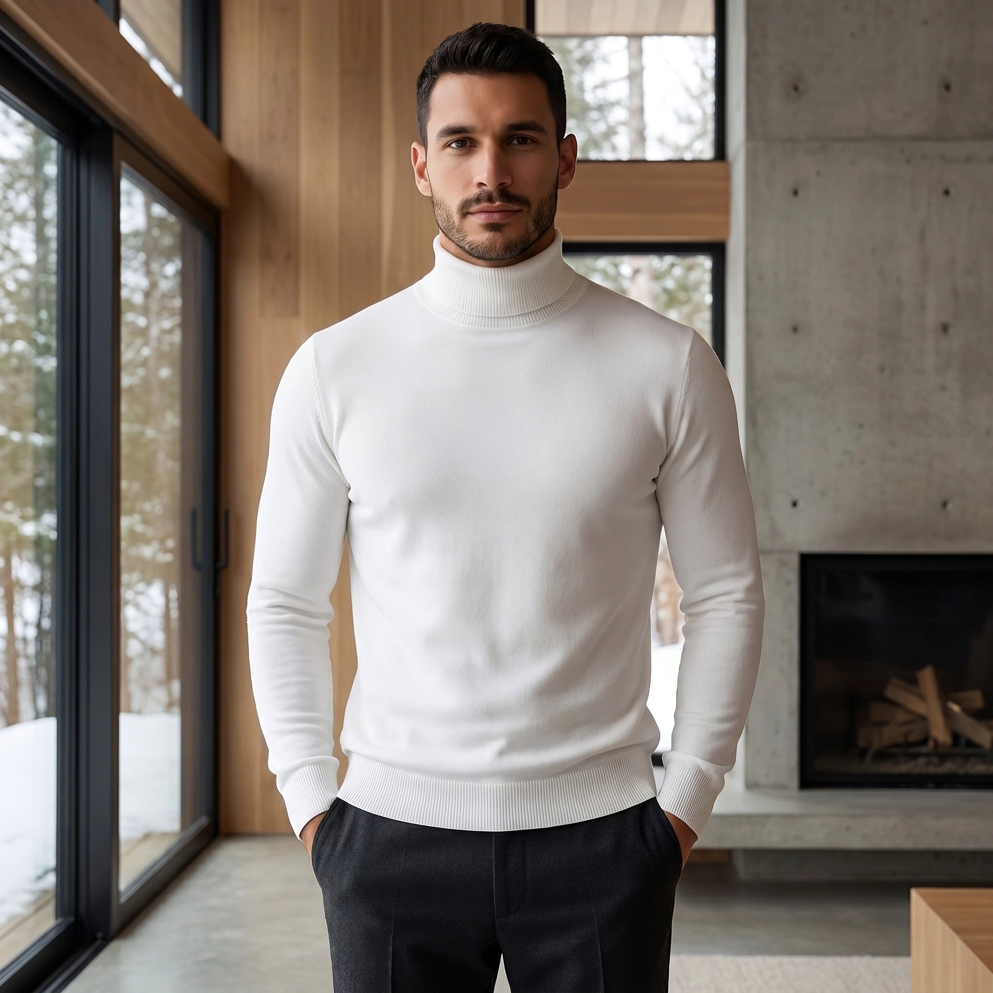 Close up of the Mens Sleek Fitted Winter Sweater showing the fine stitching and soft fabric texture in a rich navy color.