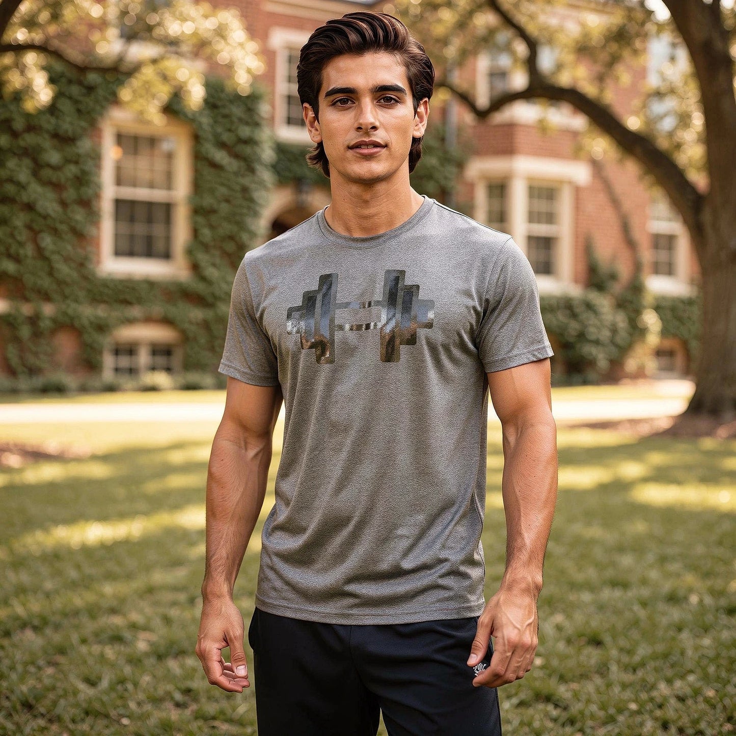 View of a gray reflective elastic athletic gym tee with short sleeves and a comfortable fit
