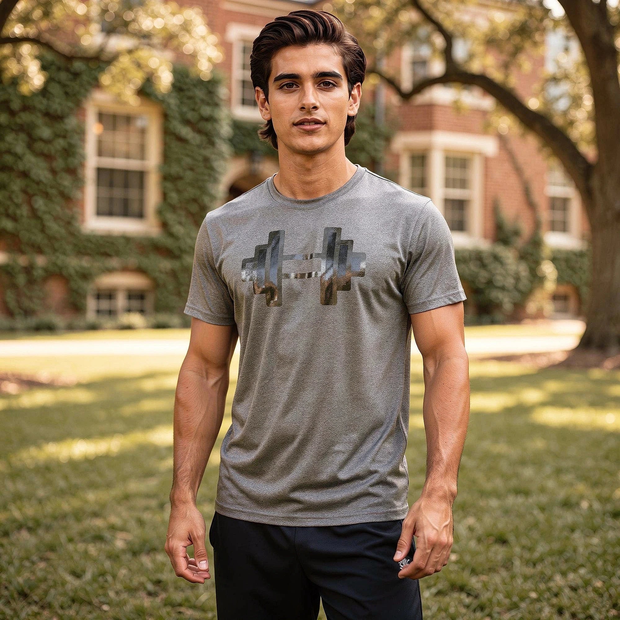 View of a gray reflective elastic athletic gym tee with short sleeves and a comfortable fit