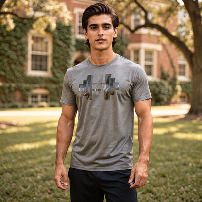 View of a gray reflective elastic athletic gym tee with short sleeves and a comfortable fit