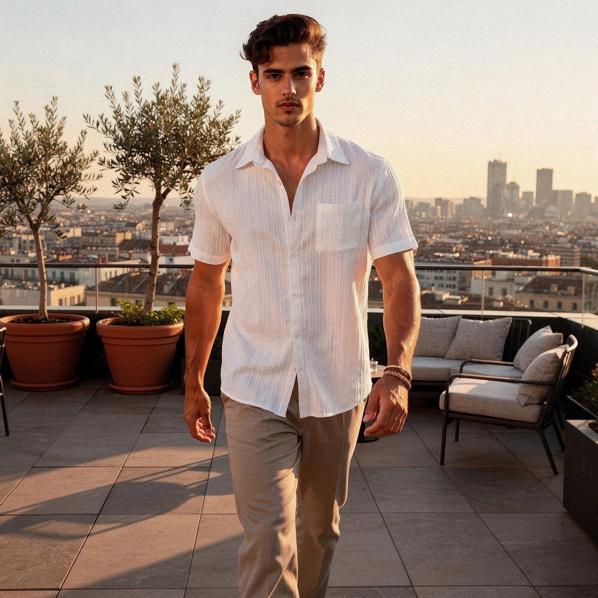 View of a light beige linen shirt featuring a relaxed fit, short sleeves, and a breathable texture
