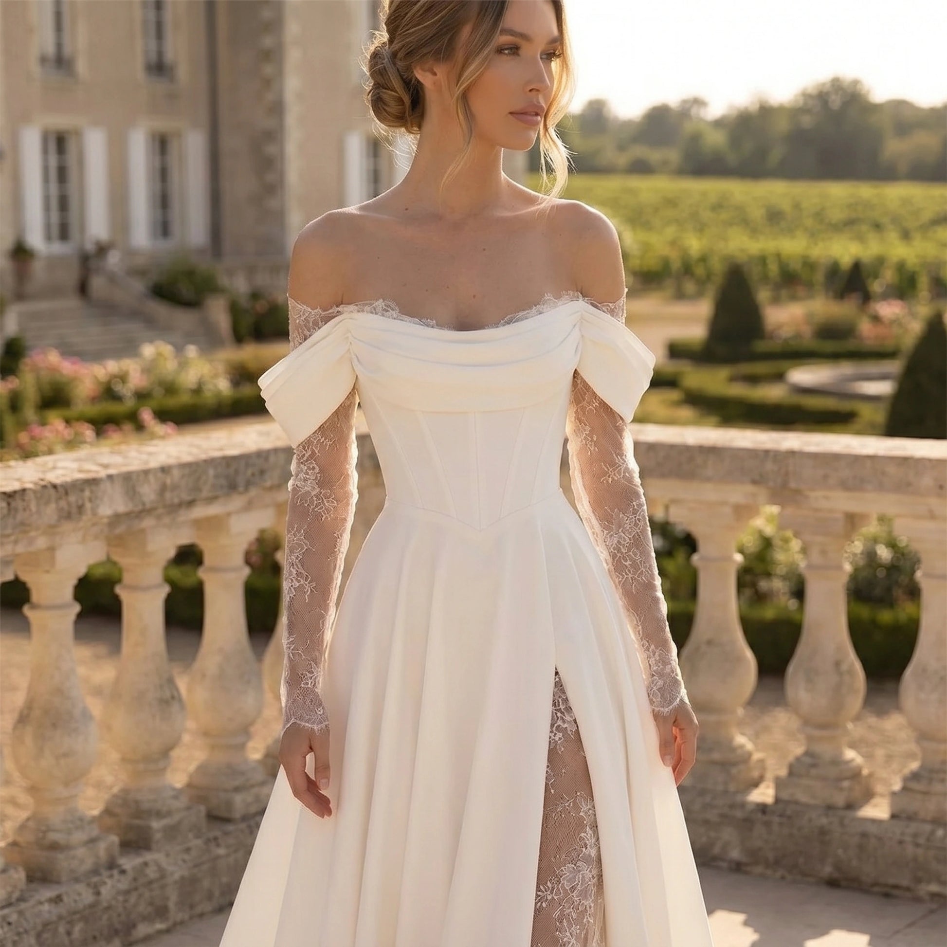 Close up view of the Women's Understated Wedding Dress showing intricate stitching and luxurious fabric details against a soft, neutral background.