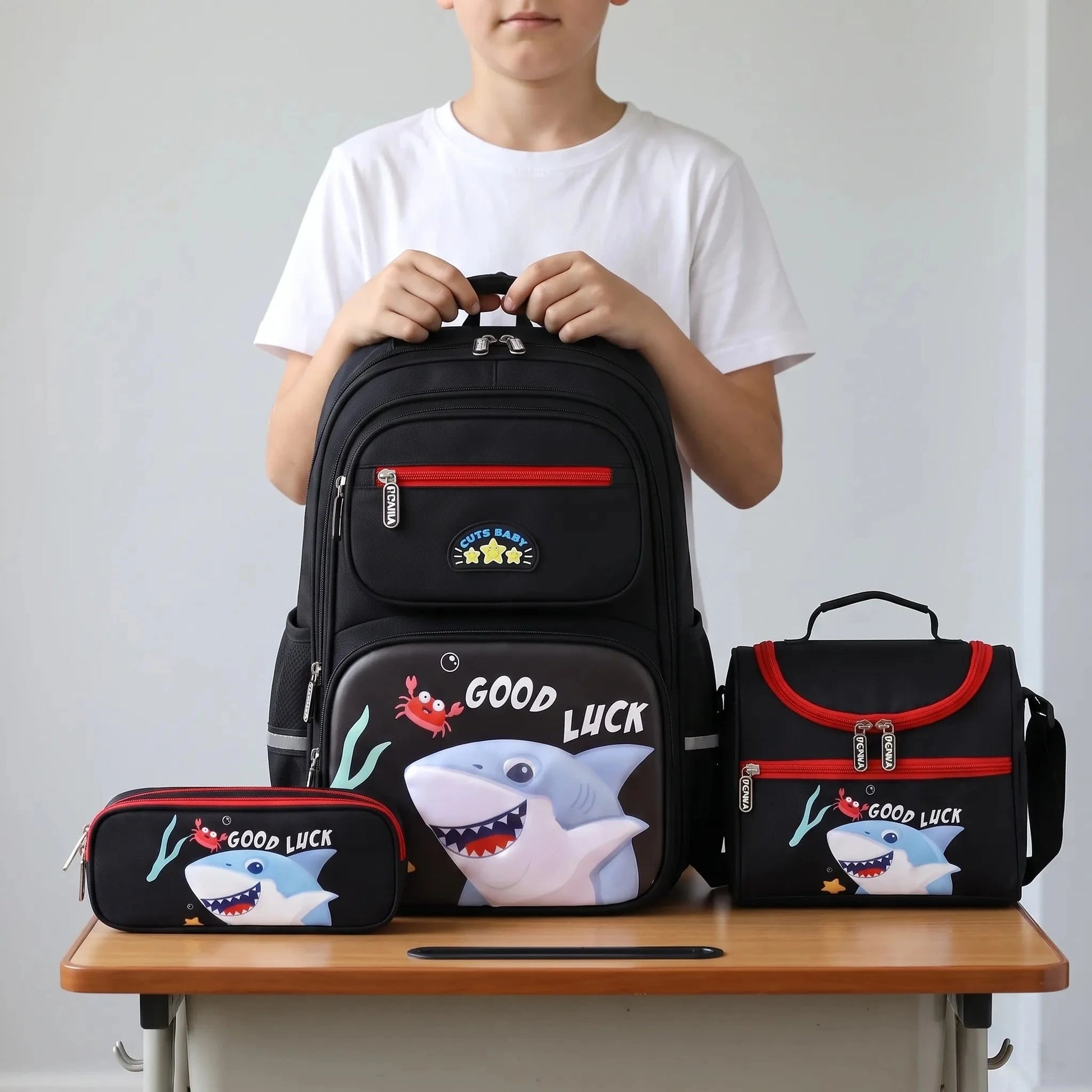 View of a stylish Oxford school backpack set in navy blue with multiple compartments and padded shoulder straps