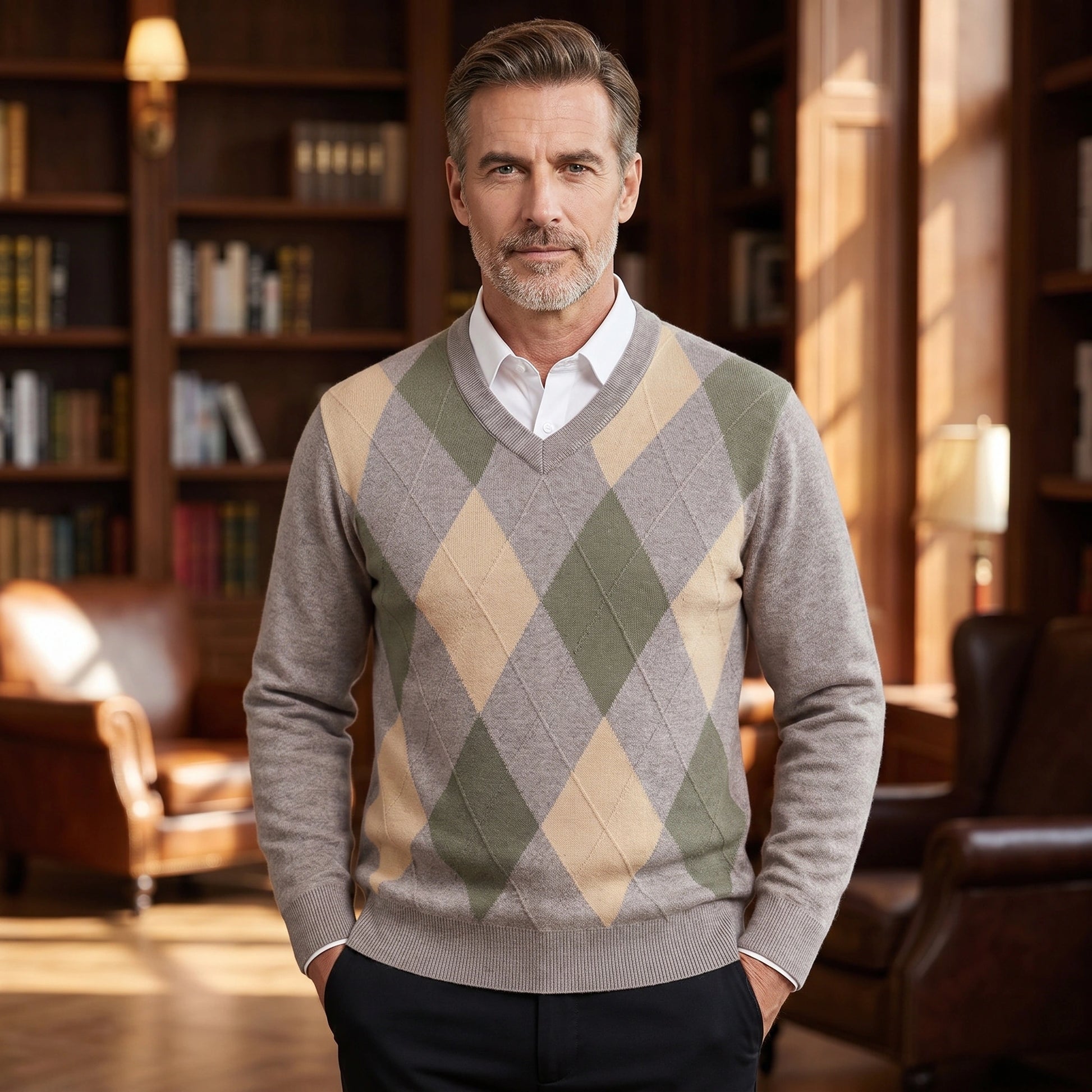 Close up view of the Mens Classic Refined Argyle V Neck Sweater showing intricate stitching and fabric texture in a sophisticated color palette.