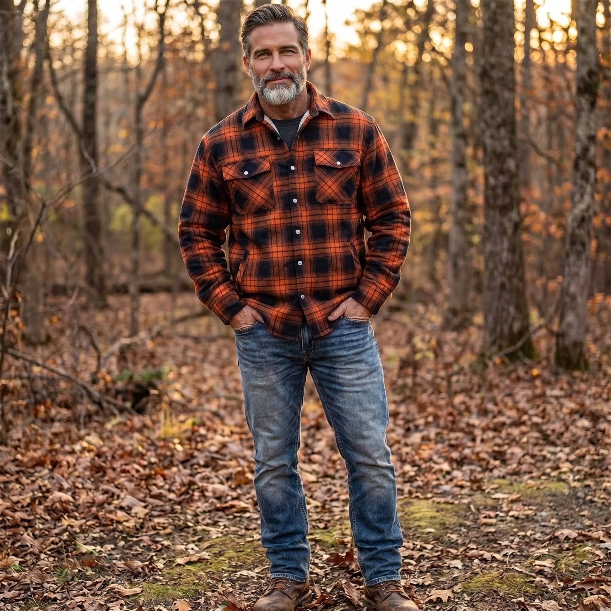 Close up view of the Men's Sherpa Lined Plaid Jacket showing the soft fabric texture, intricate stitching, and classic plaid pattern in warm tones.
