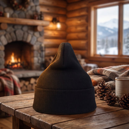 Close up of the men's casual warm winter beanie showing the soft knit fabric and intricate stitching, perfect for outdoor adventures in chilly weather.
