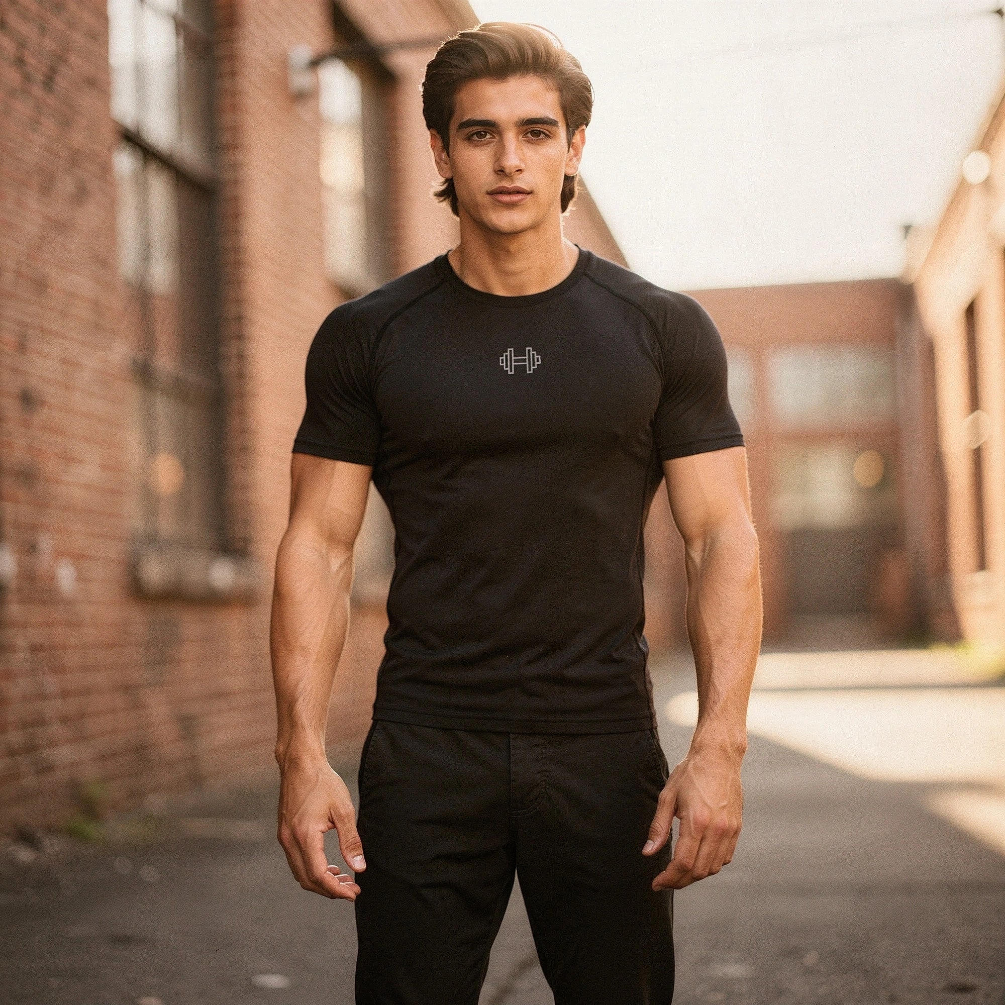 View of a gray athletic tee featuring reflective accents and elastic material, showcasing the fabric texture and fit