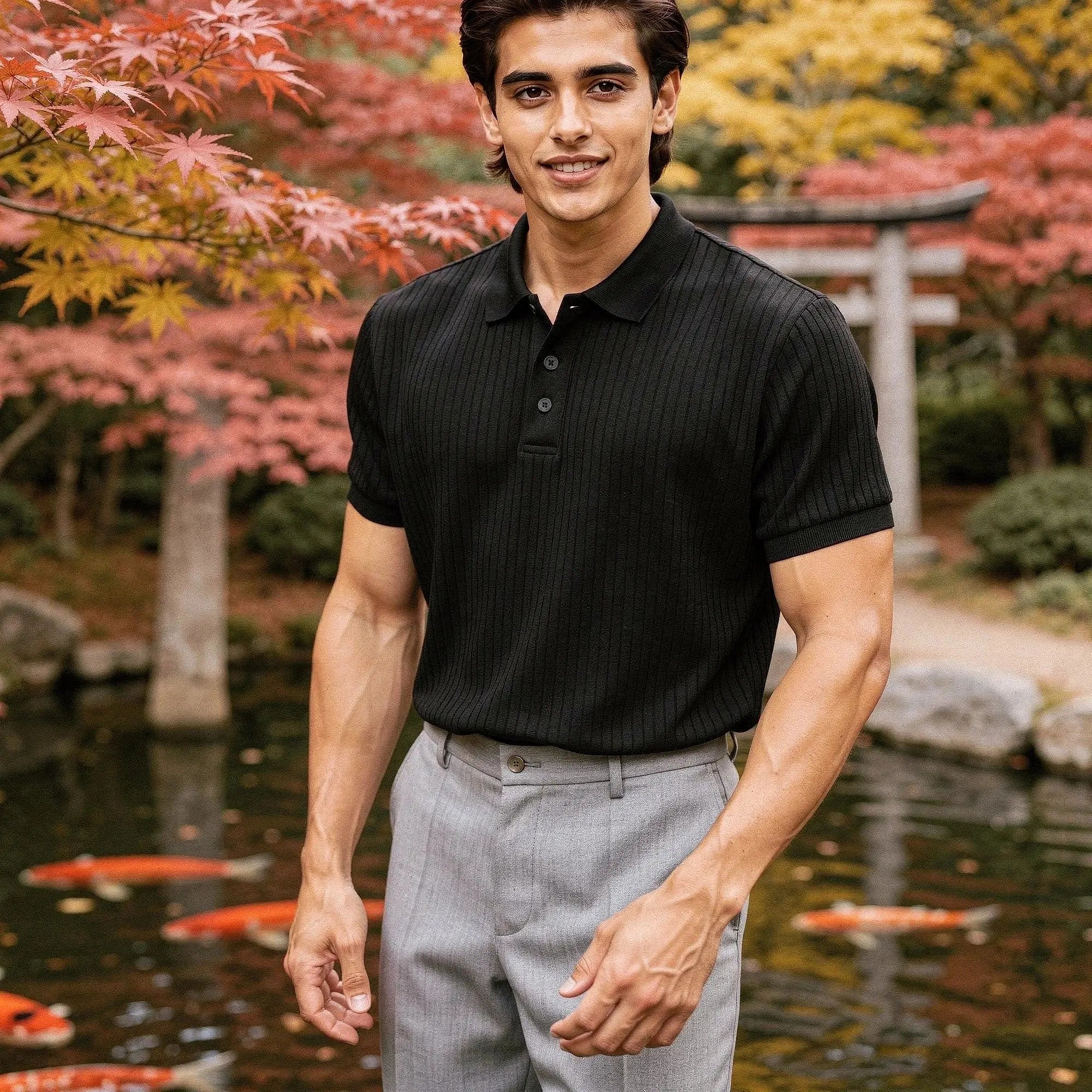 View of a slim fit short sleeve polo t shirt in light blue, made from breathable cotton, showcasing a classic collar and subtle stitching
