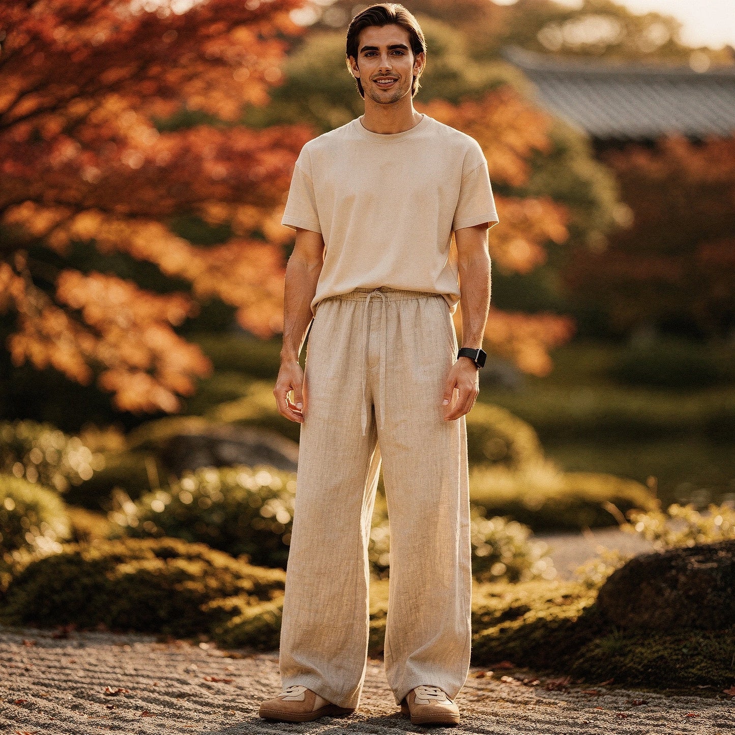Lightweight summer trousers in light beige, featuring a relaxed fit and pockets, detailed view showcasing fabric texture
