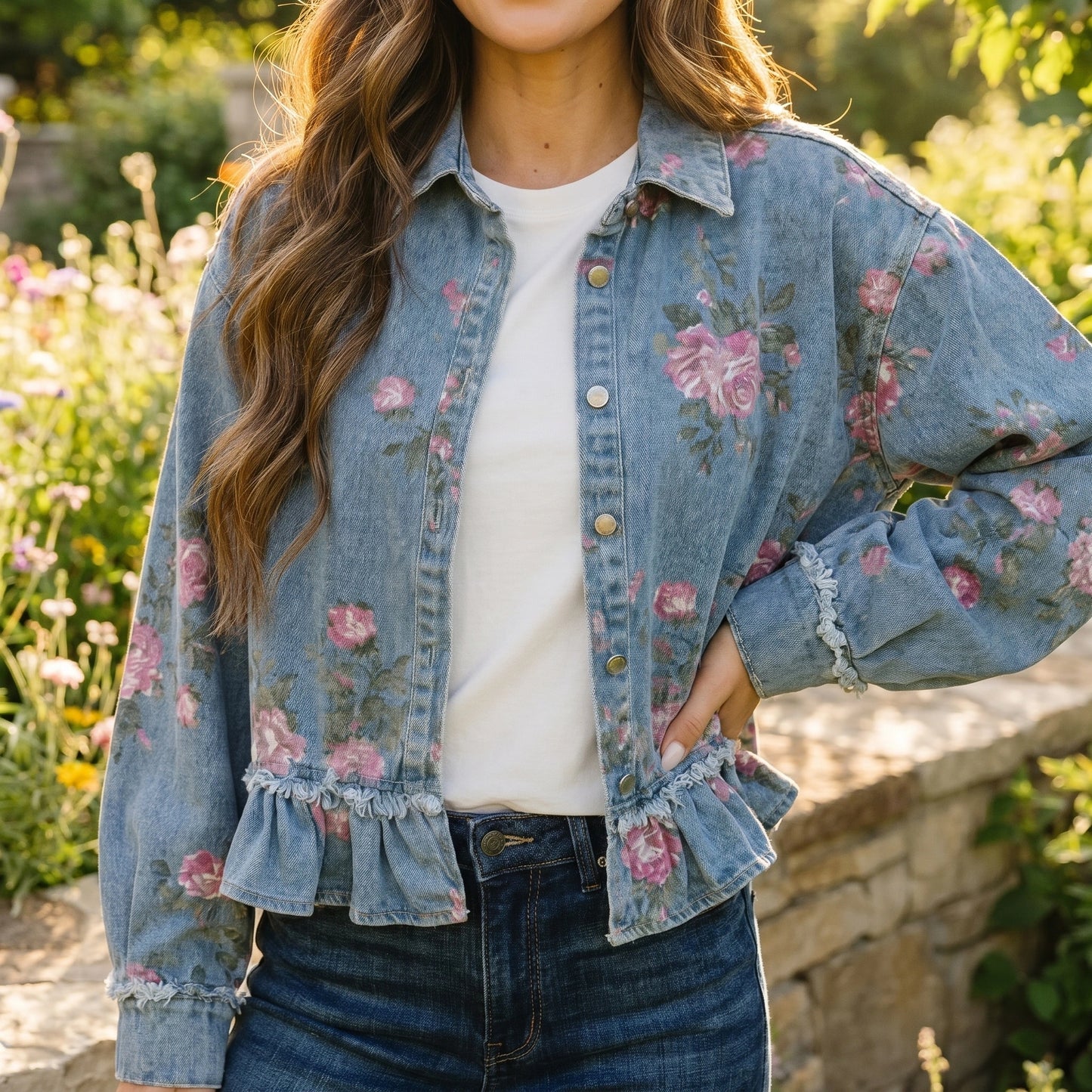 Close up view of the Womens Vintage Ruffle Peplum Top showing intricate stitching and soft denim fabric, showing its , design and vintage charm.