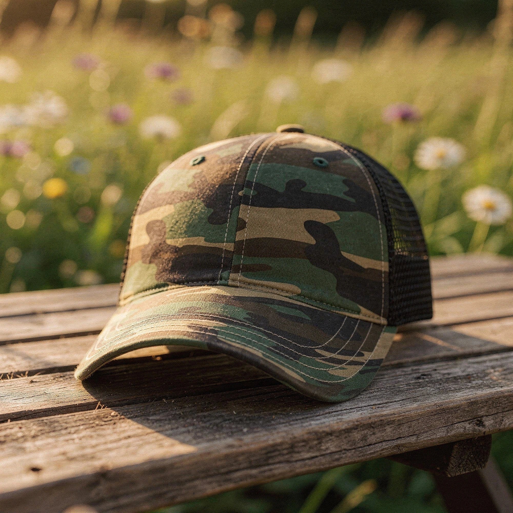 View of a relaxed vintage snapback cap in dark green, featuring a textured fabric and adjustable strap