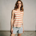 View of a relaxed fit summer sweater tank in navy blue, featuring a nautical striped pattern and lightweight knit material