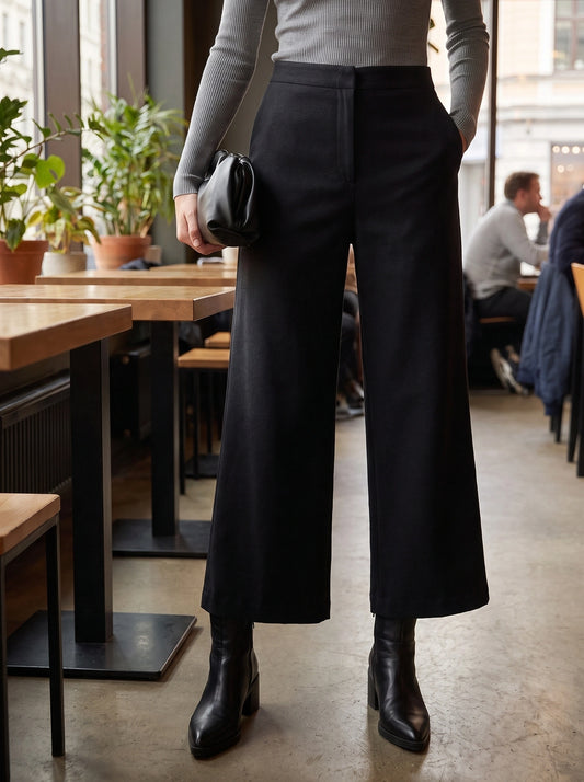 Close up view of the Womens Tailored Autumn Cropped Trousers showing the high quality fabric, precise stitching, and design details perfect for versatile wear.
