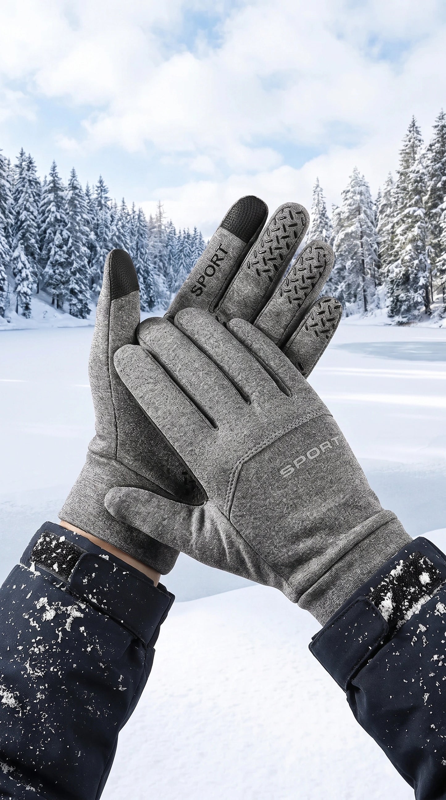 Back view of men's windproof touchscreen winter gloves showing detailed stitching and a sleek black design, ideal for outdoor activities in cold weather.