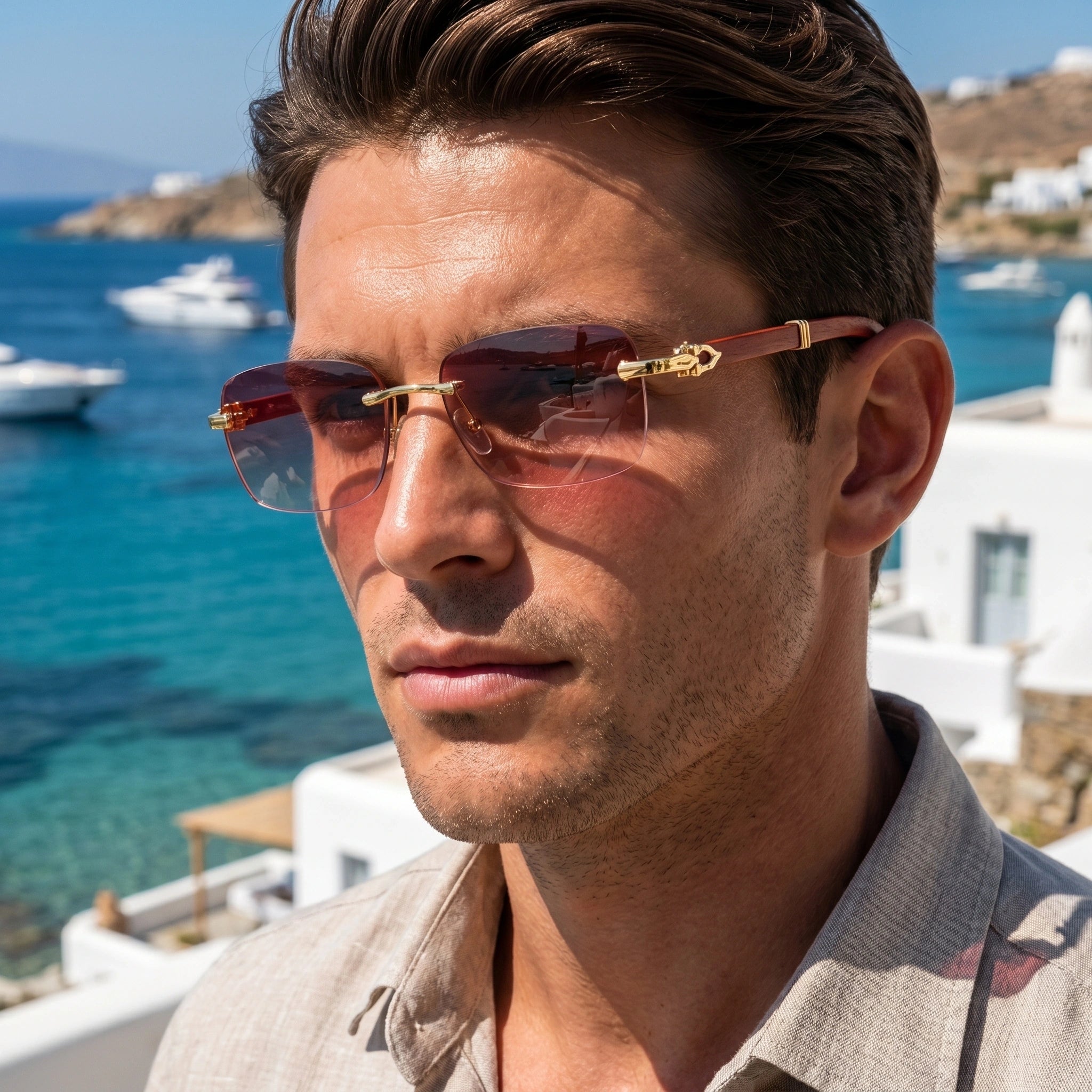 Close up view of the gradient semi rimless sunglasses showing sleek frame details and high quality stitching, perfect for enhancing any outfit.