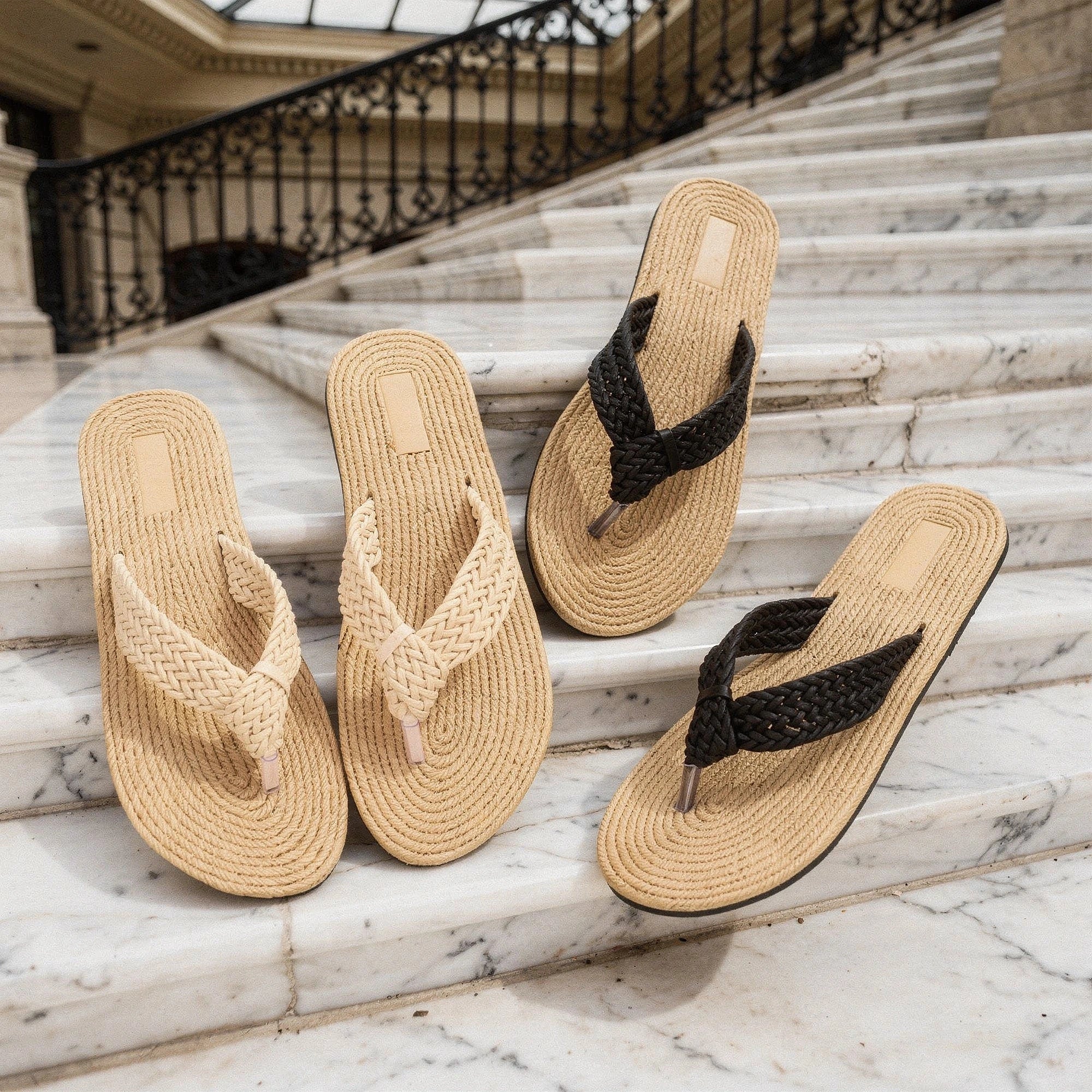 View of relaxed textured imitation hemp flip flops in beige, featuring a comfortable footbed and simple strap design