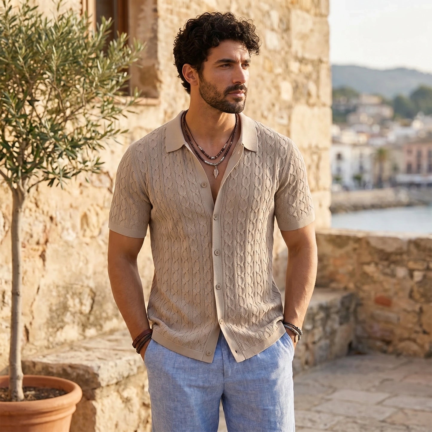 Close up view of the mens textured lightweight casual shirt showing intricate stitching and fabric , ideal for both business and daily wear.