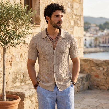 Close up view of the mens textured lightweight casual shirt showing intricate stitching and fabric , ideal for both business and daily wear.