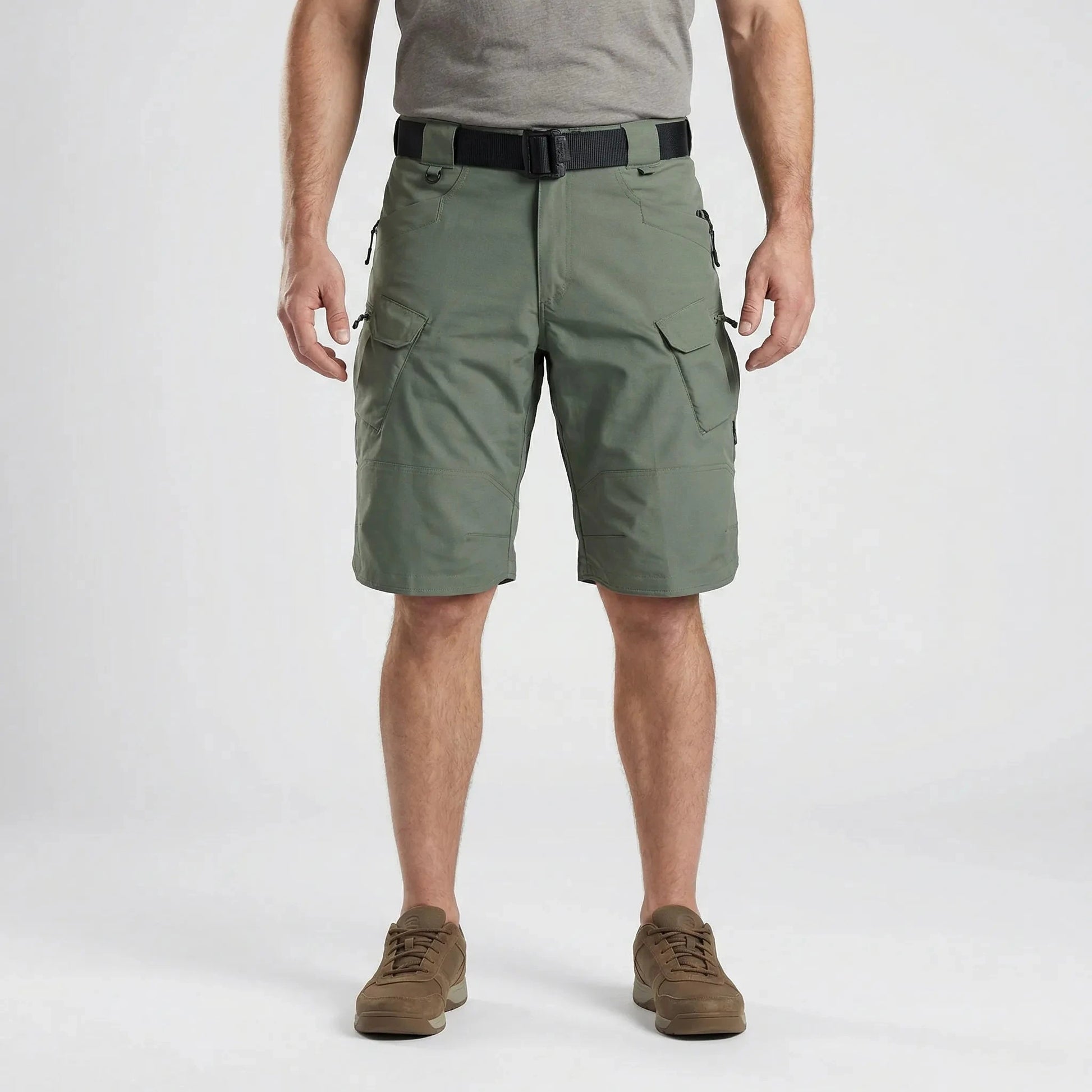 View of durable cargo shorts in khaki, featuring multiple pockets and a relaxed fit for practicality