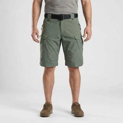 View of durable cargo shorts in khaki, featuring multiple pockets and a relaxed fit for practicality