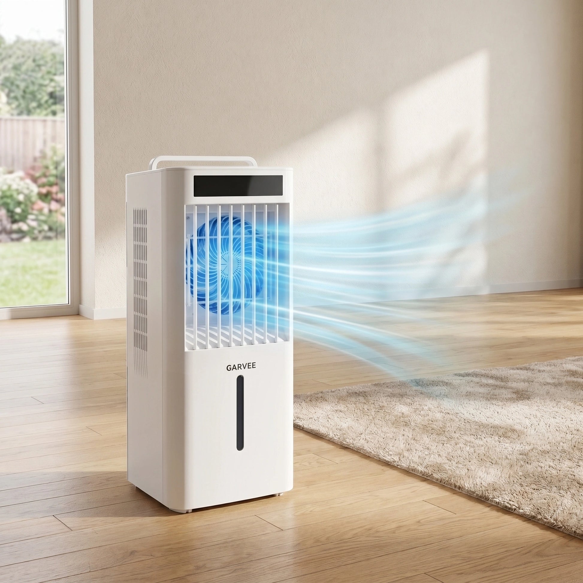 Close up view showing the sleek design and adjustable airflow vents of the versatile adjustable air cooler fan in a modern office setting.