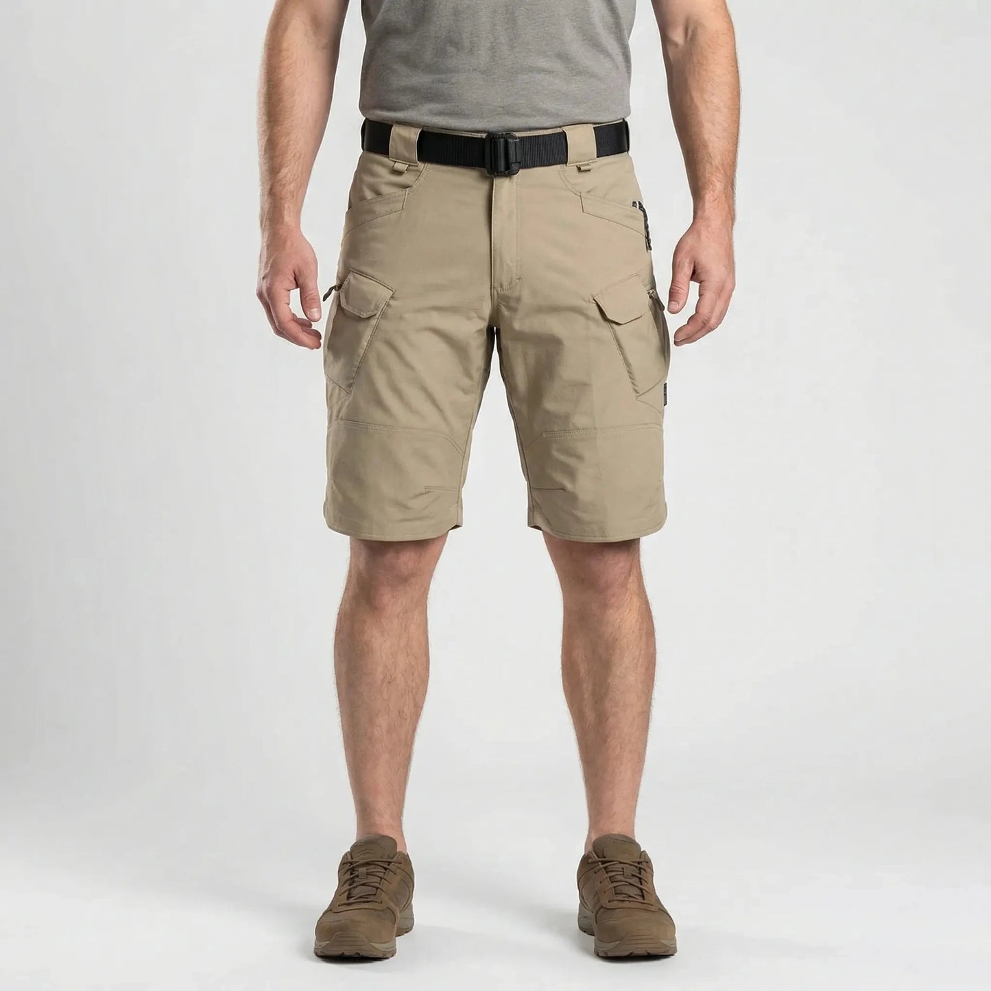 View of durable men's cargo shorts in khaki, featuring multiple pockets and a sturdy fabric for practical use