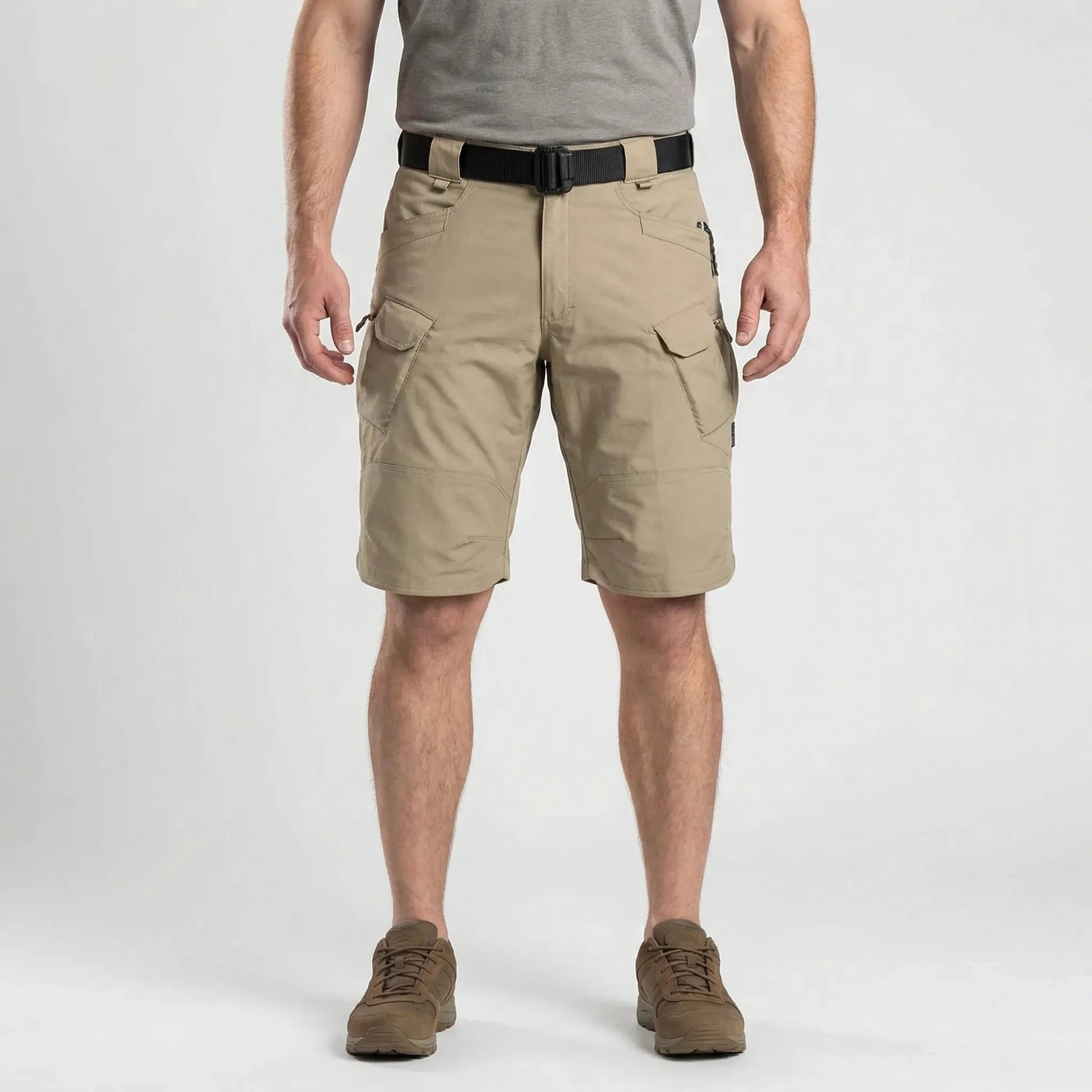 View of durable men's cargo shorts in khaki, featuring multiple pockets and a sturdy fabric for practical use