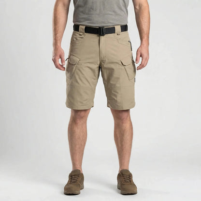 View of durable men's cargo shorts in khaki, featuring multiple pockets and a sturdy fabric for practical use