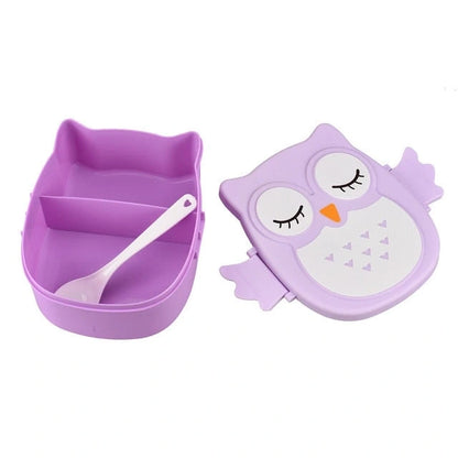 View of a playful sturdy plastic lunch box for kids, featuring a vibrant design with an owl motif and easy to open lid
