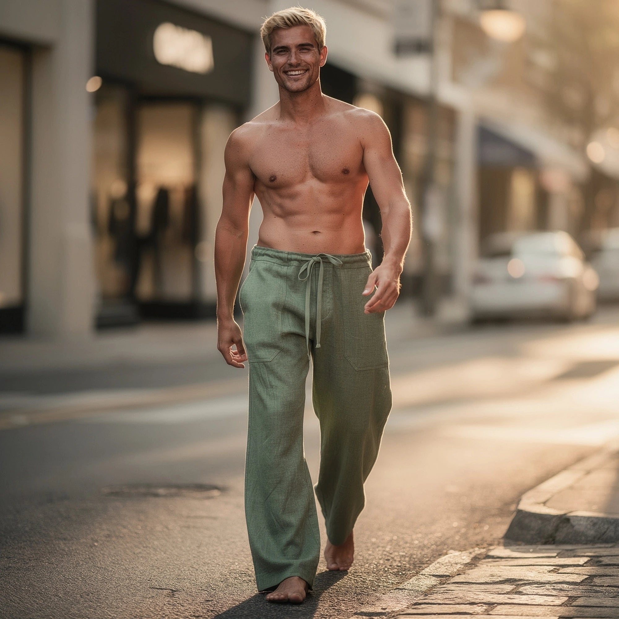 View of wide loose relaxed fit trousers in light gray fabric, featuring an elastic waistband and pockets