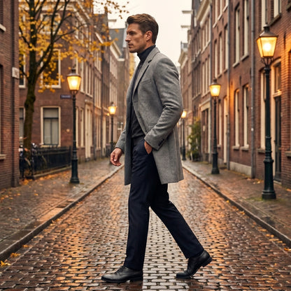 Back view of a men's classic tailored winter overcoat in a rich navy color, showing the construction details and sophisticated design.