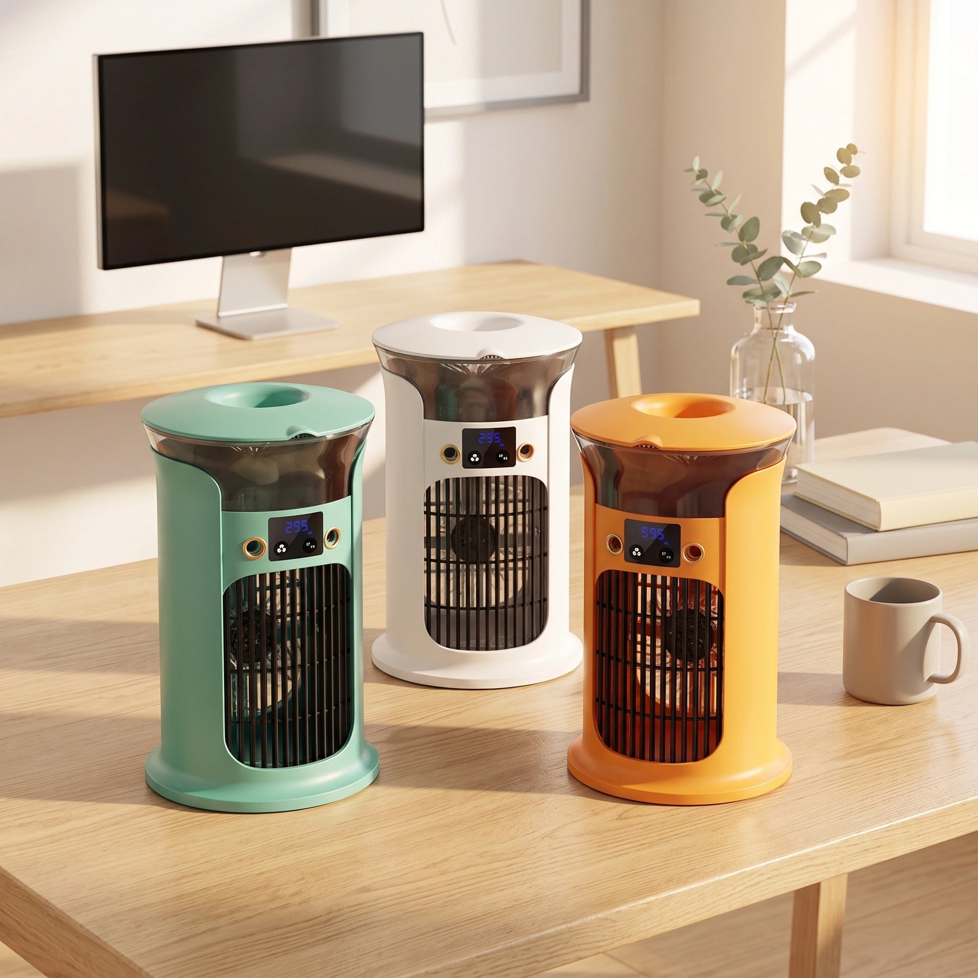 Front view of a compact USB powered air cooler mini desktop fan, showing its sleek design and portability against a neutral background.