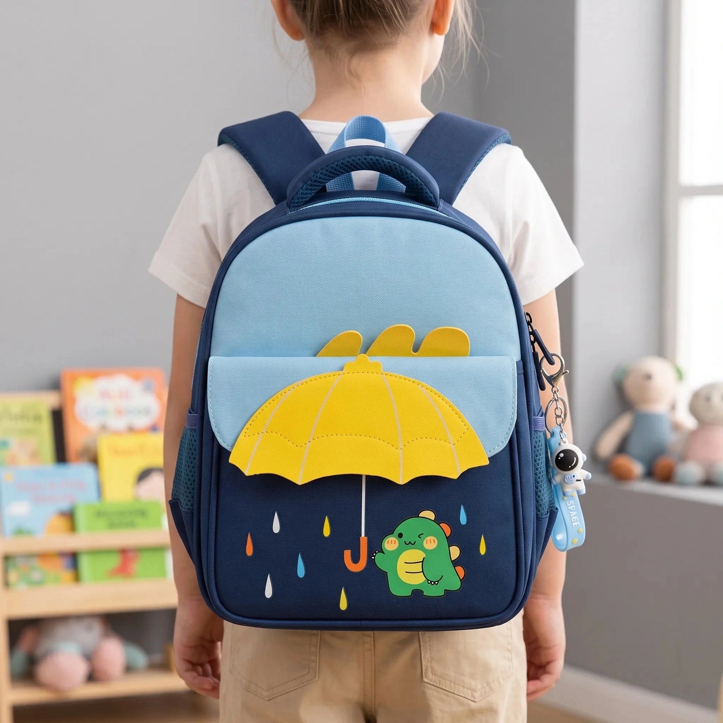 View of a cheerful lightweight kids backpack featuring a colorful cartoon print, perfect for school use