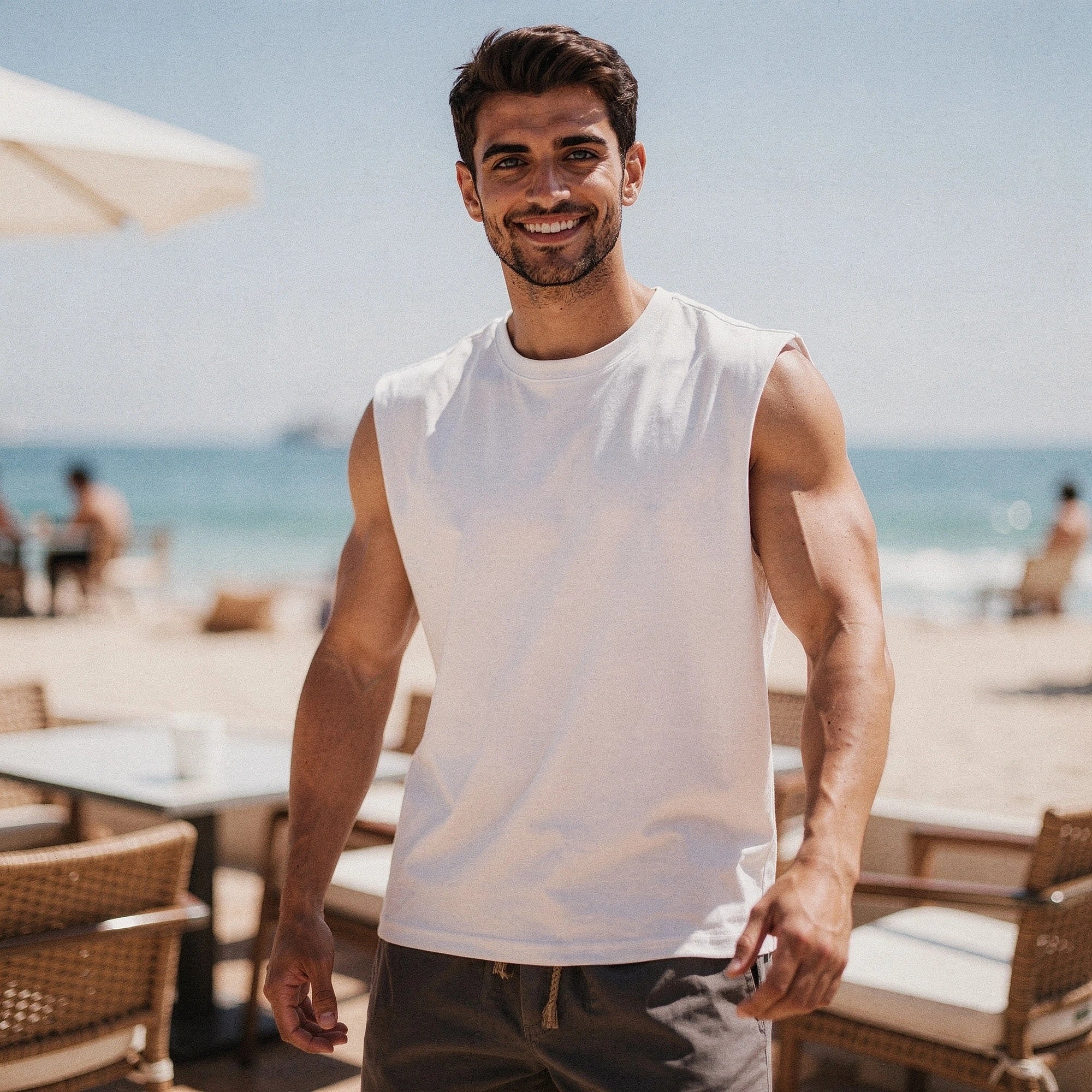 View of a sleek, comfortable summer tank top in light gray, featuring a relaxed fit and soft cotton fabric