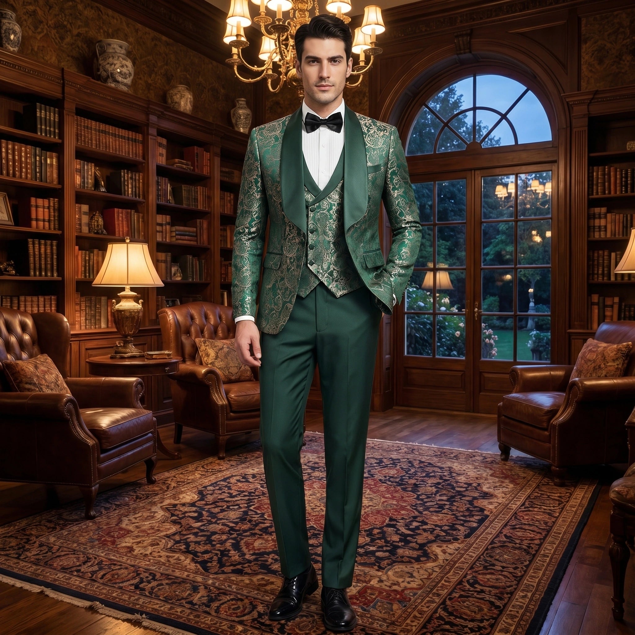 Close up view of the mens slim four seasons suit showing fine fabric texture and meticulous stitching details against a neutral background.