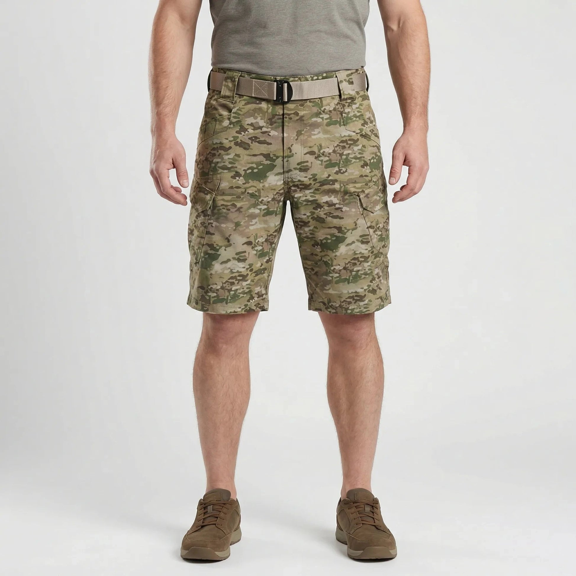 View of durable khaki cargo shorts featuring multiple pockets and a relaxed fit, showcasing the sturdy fabric and stitching