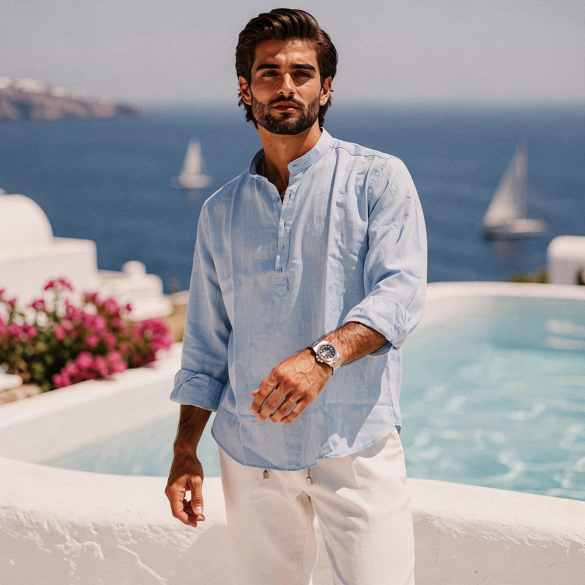 Lightweight summer henley shirt in light gray, featuring a buttoned placket and short sleeves, view