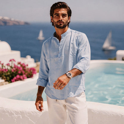 Lightweight summer henley shirt in light gray, featuring a buttoned placket and short sleeves, view