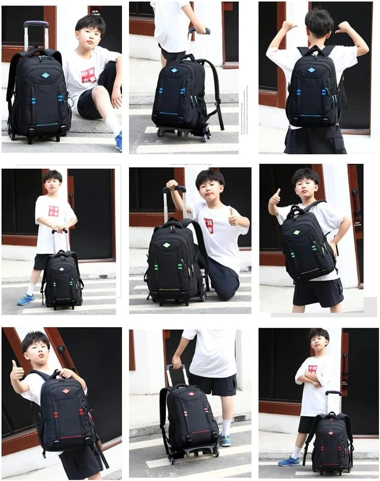 View of a durable rolling school backpack for boys, featuring a sleek black exterior and multiple compartments