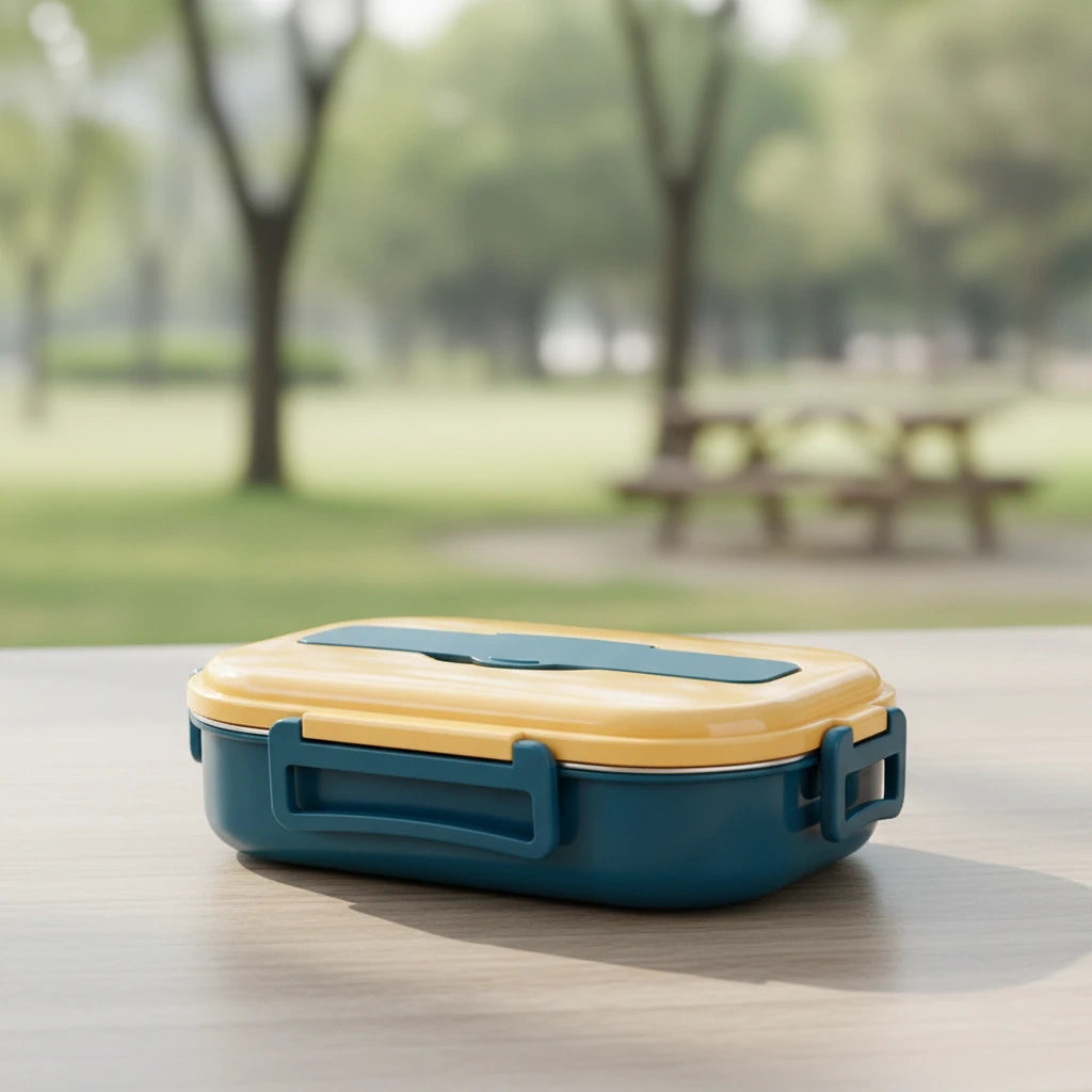View of a contemporary stainless steel bento lunch box with multiple compartments and a sleek design, ideal for on the go meals