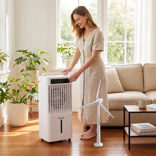 Back view of the versatile adjustable air cooler fan, showing its sleek design, remote control feature, and adjustable airflow settings against a neutral background.
