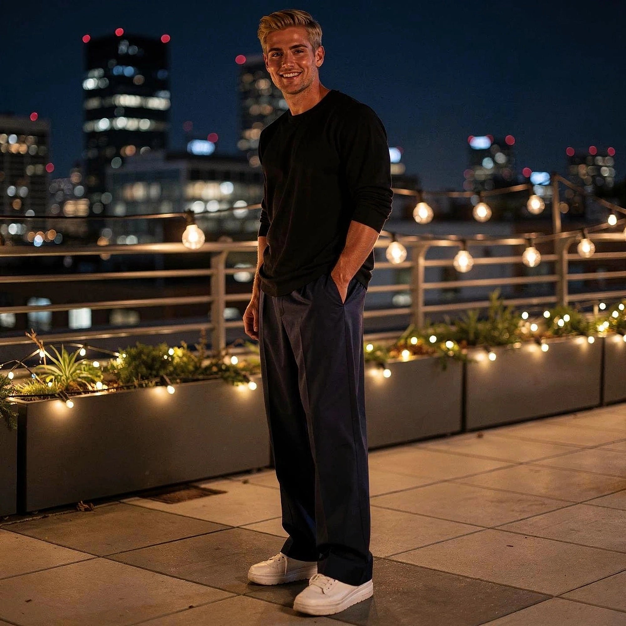 View of comfortable loose fit formal trousers in dark gray fabric, featuring a relaxed silhouette and subtle pleats