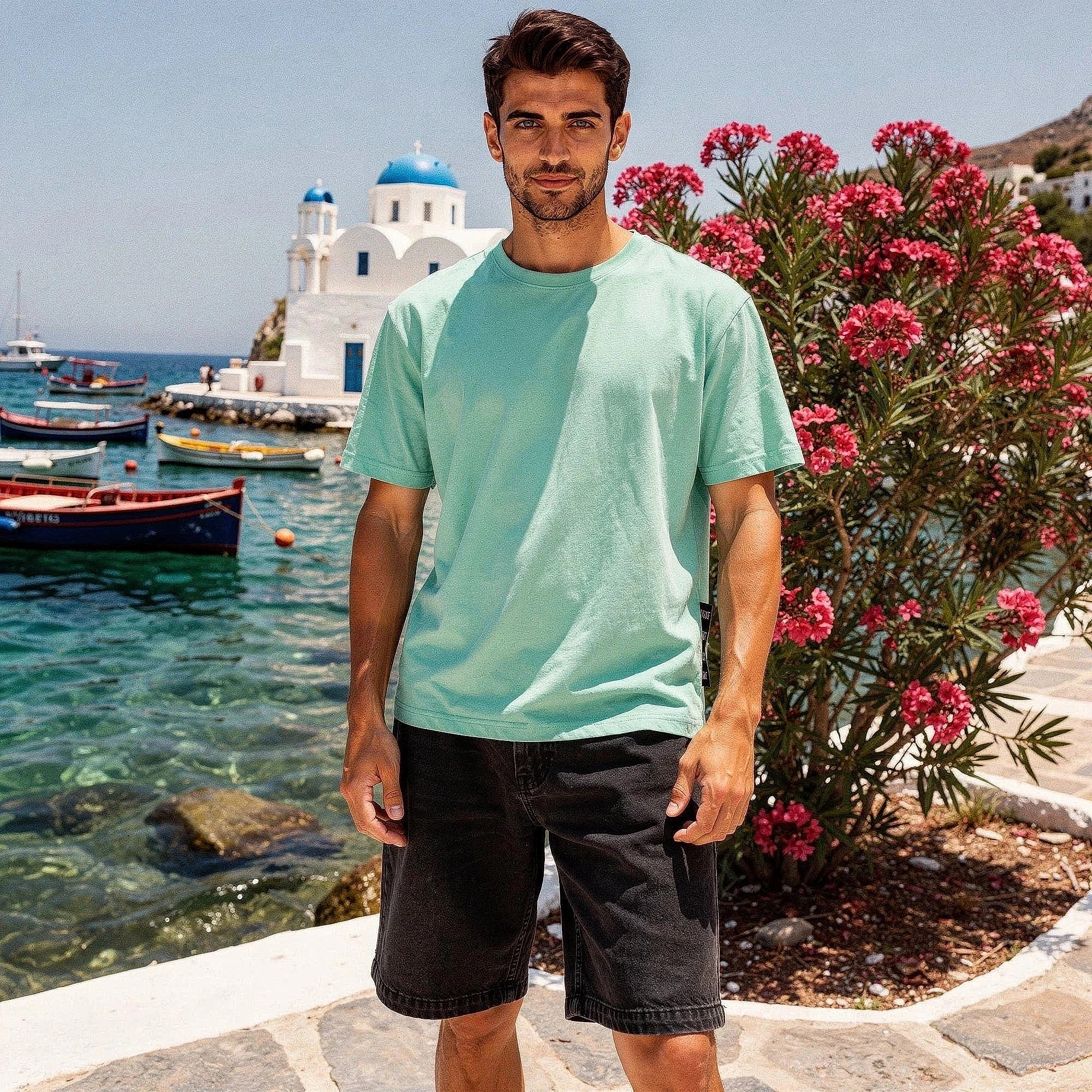 View of trendy loose straight leg denim shorts in light blue, featuring frayed hem and classic five pocket styling